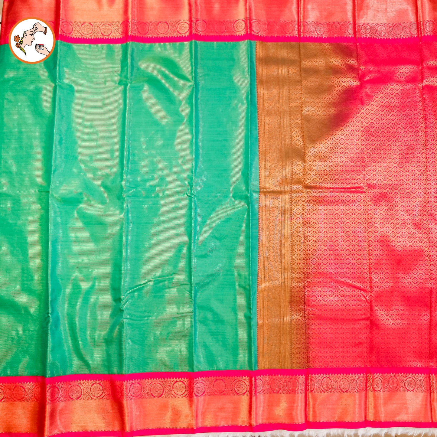 Peacock Green with Pink border Vairoosi stripes Kanchipuram Semi Silk Saree