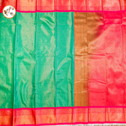 Peacock Green with Pink border Vairoosi stripes Kanchipuram Semi Silk Saree