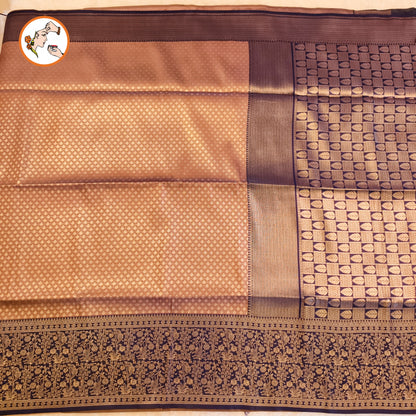 Metallic Brown with Dark Blue Fancy border Brocade Pattern Soft Silk Saree
