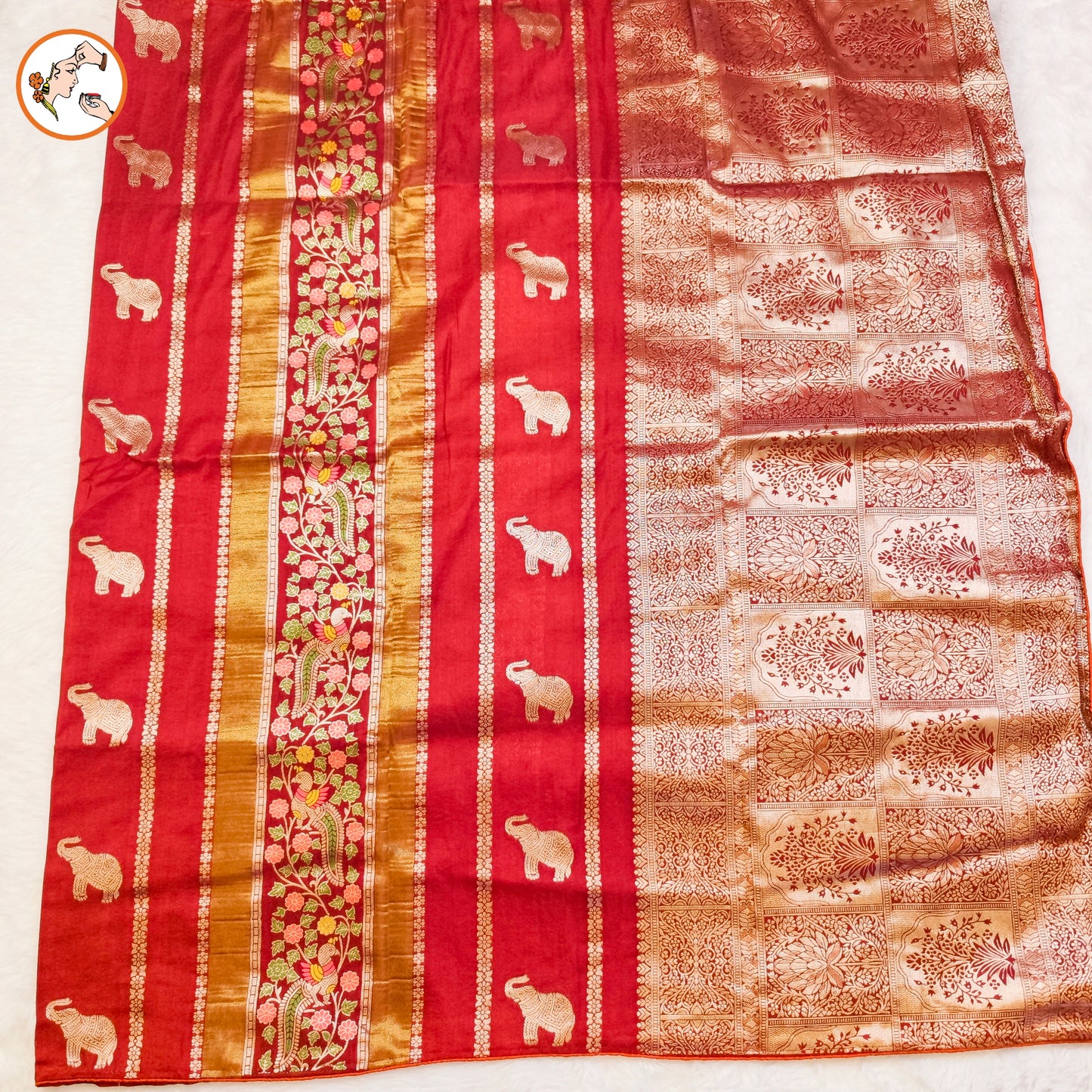 Rust brown elephant motif Peacock Meenakari work Fancy Silk Saree