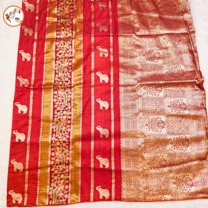 Rust brown elephant motif Peacock Meenakari work Fancy Silk Saree
