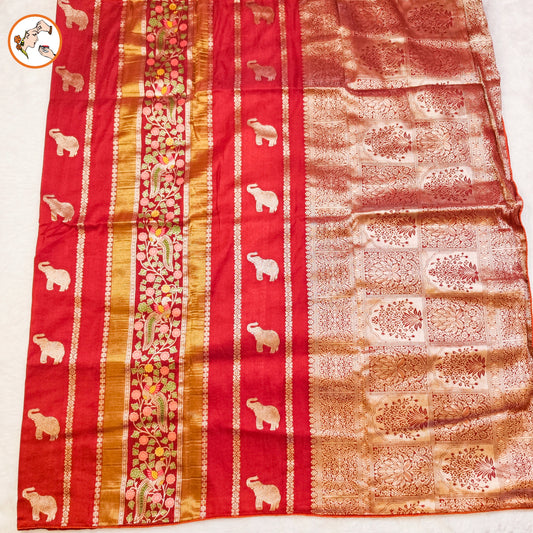 Rust brown elephant motif Peacock Meenakari work Fancy Silk Saree