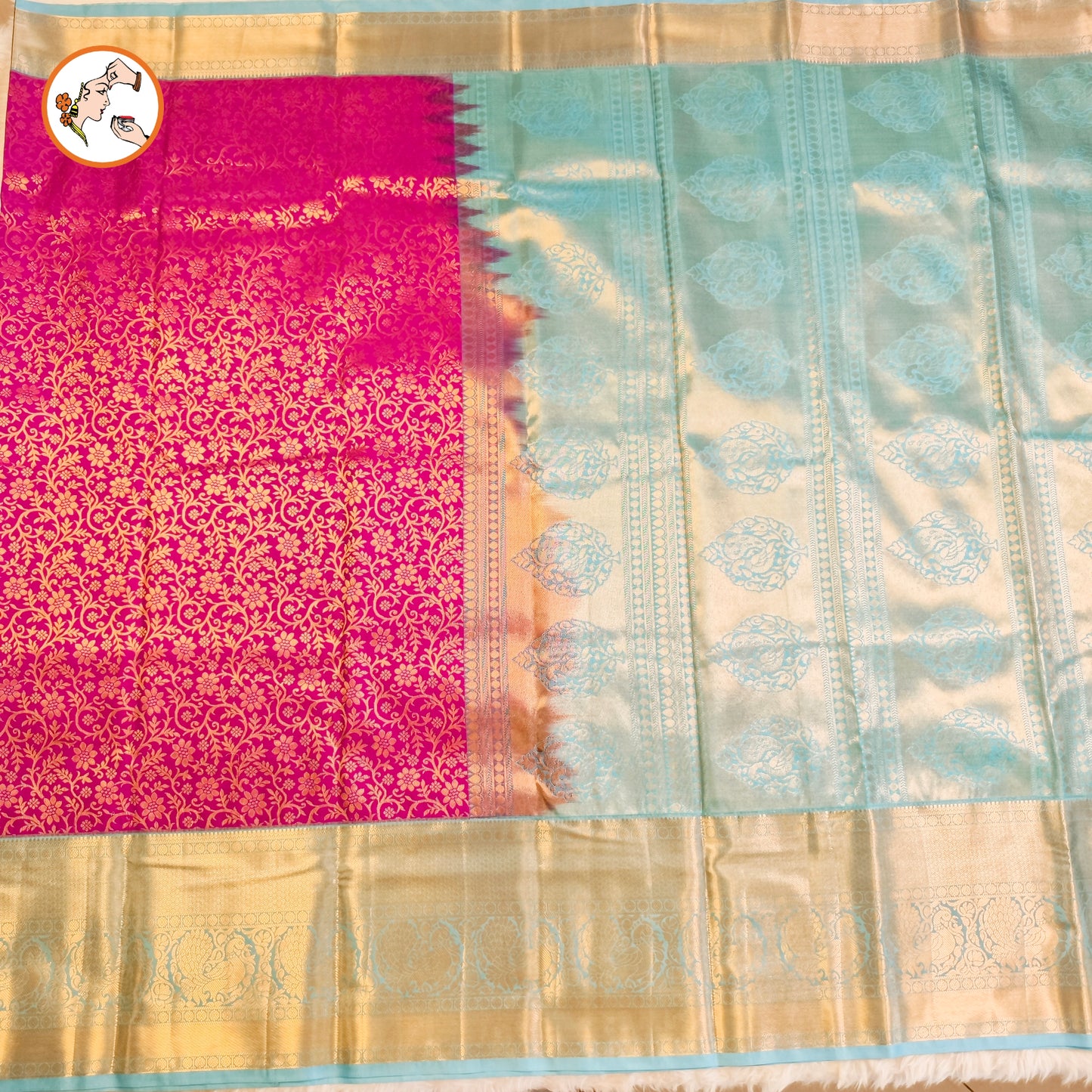 Purple with Sky Blue border Bridal Kanchipuram Mix Silk Saree