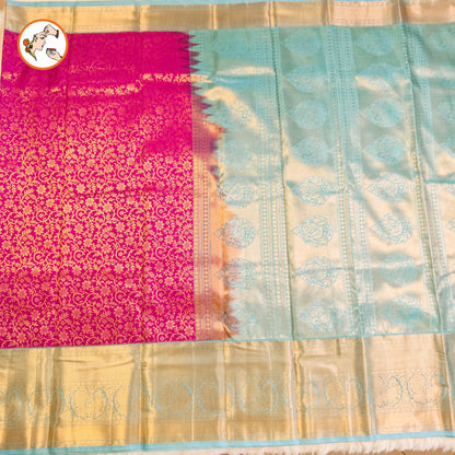 Purple with Sky Blue border Bridal Kanchipuram Mix Silk Saree