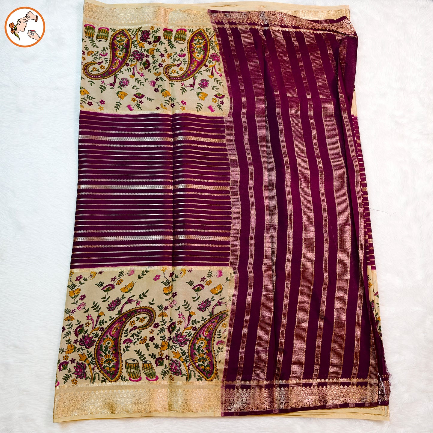 Cream & Purple designer semi Mysore Silk Saree