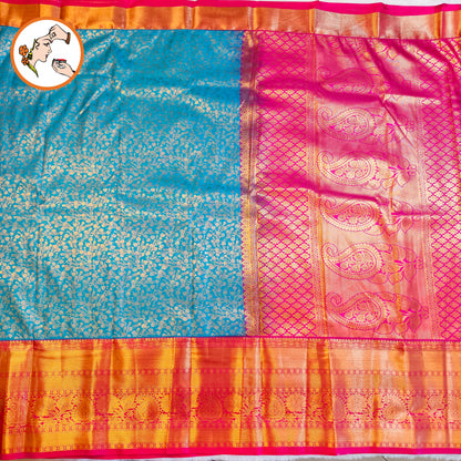 Peacock Blue & Dark Pink border with Gold zari work Traditional Kanchipuram Mix Silk Saree