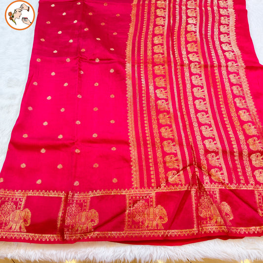 Red Viscose Soft Silk Saree with Elephant border