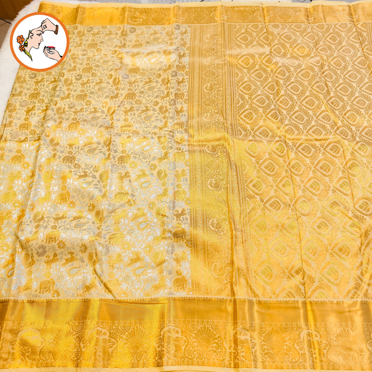 Offwhite Gold zari border intricate Vanasingaram weaving Kanchipuram Mix Silk Saree