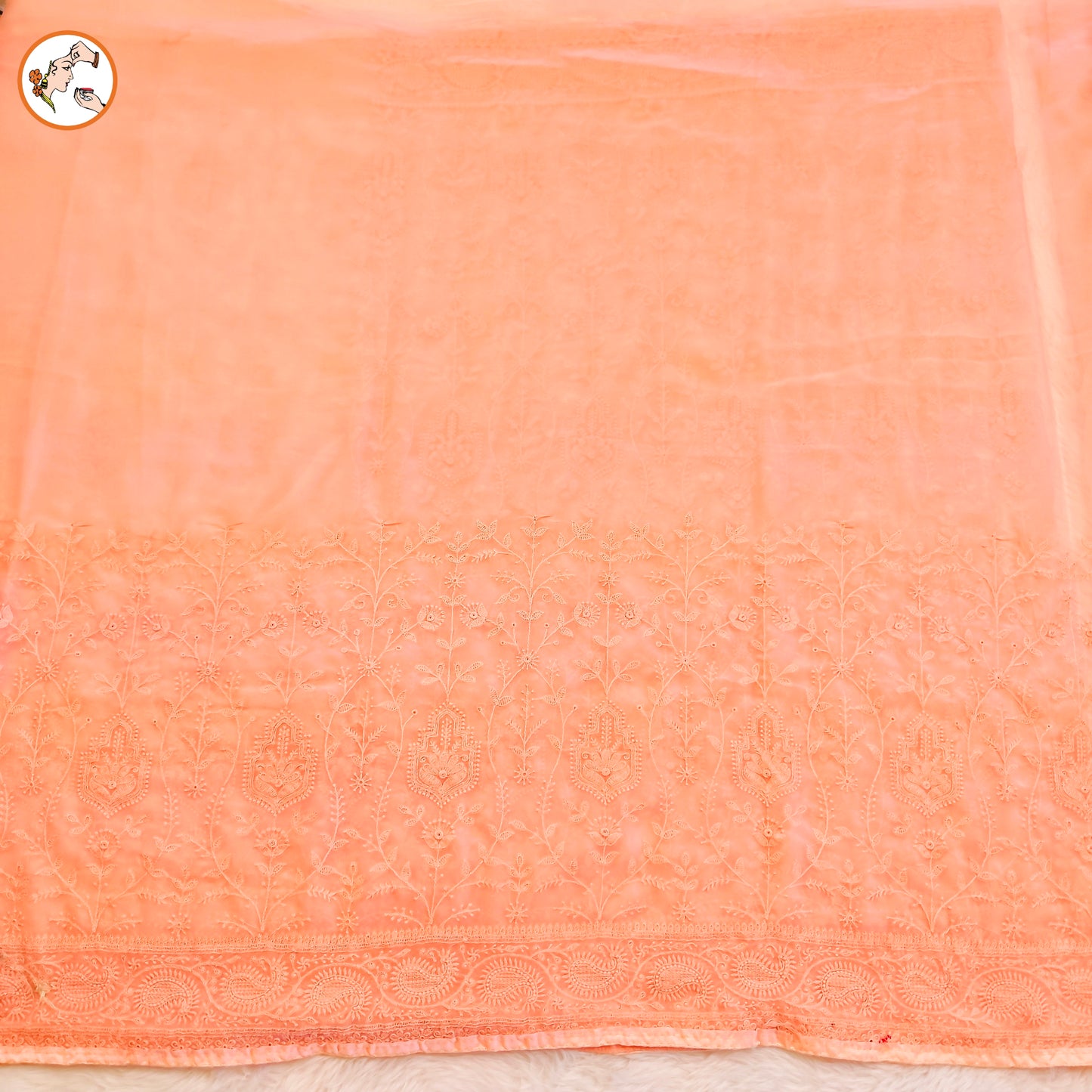 Peach Lucknowi Chikankari Embroidery Pure Chiffon Partywear Saree