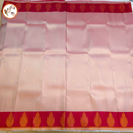 Light Pink & Red Semi Silk Saree with horizontal stripes & fancy border