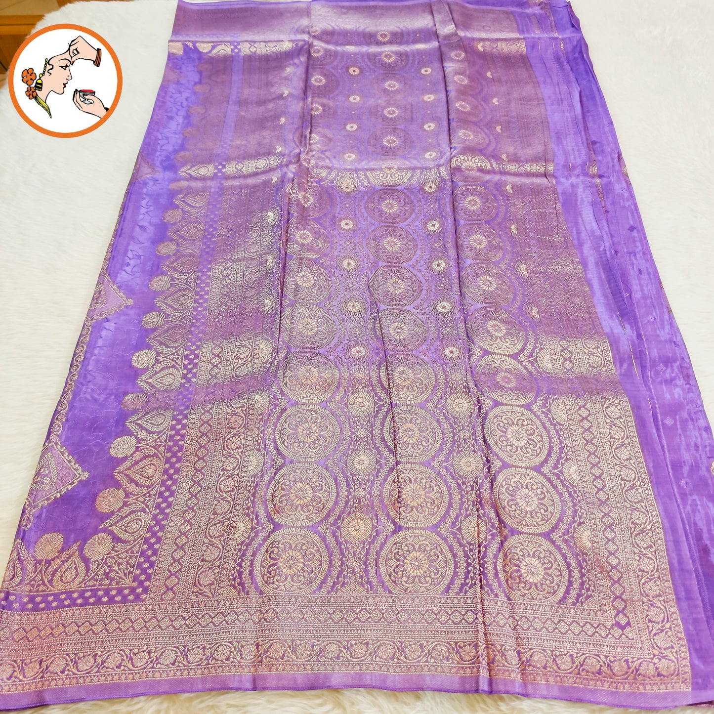Lavender colour Antique Gold zari work Bridal Pure Russian Satin Silk Saree