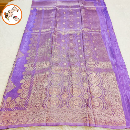 Lavender colour Antique Gold zari work Bridal Pure Russian Satin Silk Saree