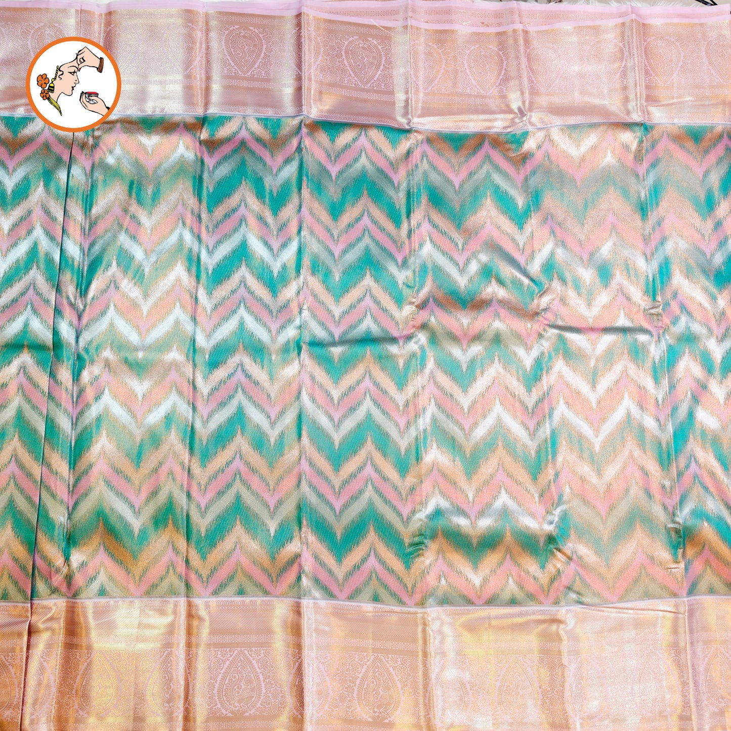 Sky Blue with Pink Zigzag Pattern Kanchipuram Tissue Silk Saree