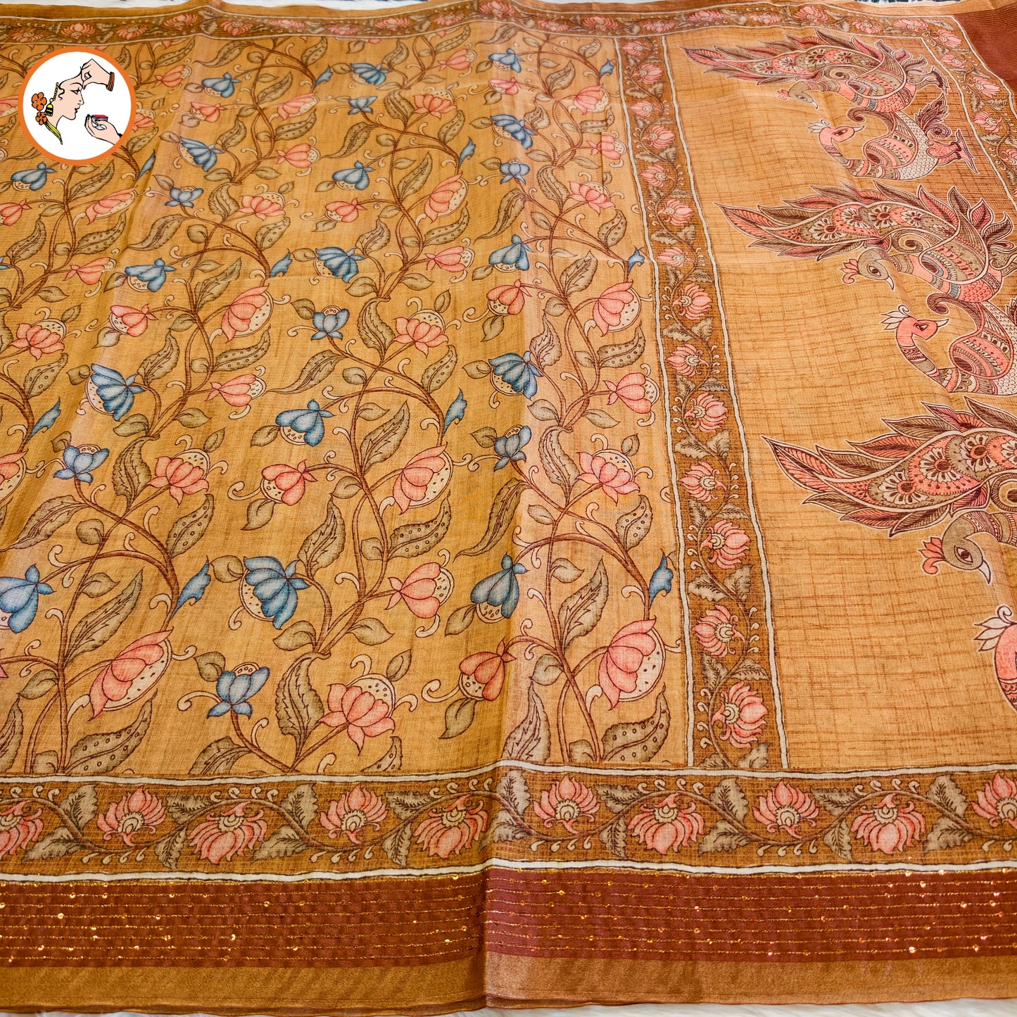 Mustard Yellow colour Chanderi Kantha Embroidary Casual Saree
