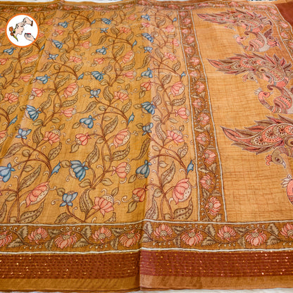Mustard Yellow colour Chanderi Kantha Embroidary Casual Saree