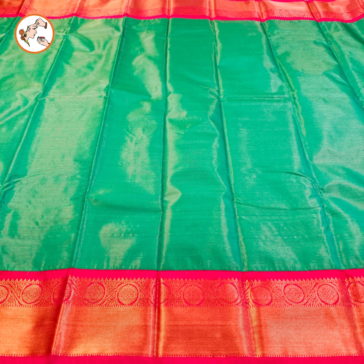 Peacock Green with Pink border Vairoosi stripes Kanchipuram Semi Silk Saree
