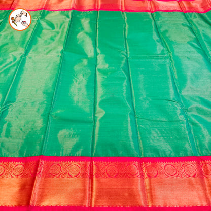 Peacock Green with Pink border Vairoosi stripes Kanchipuram Semi Silk Saree
