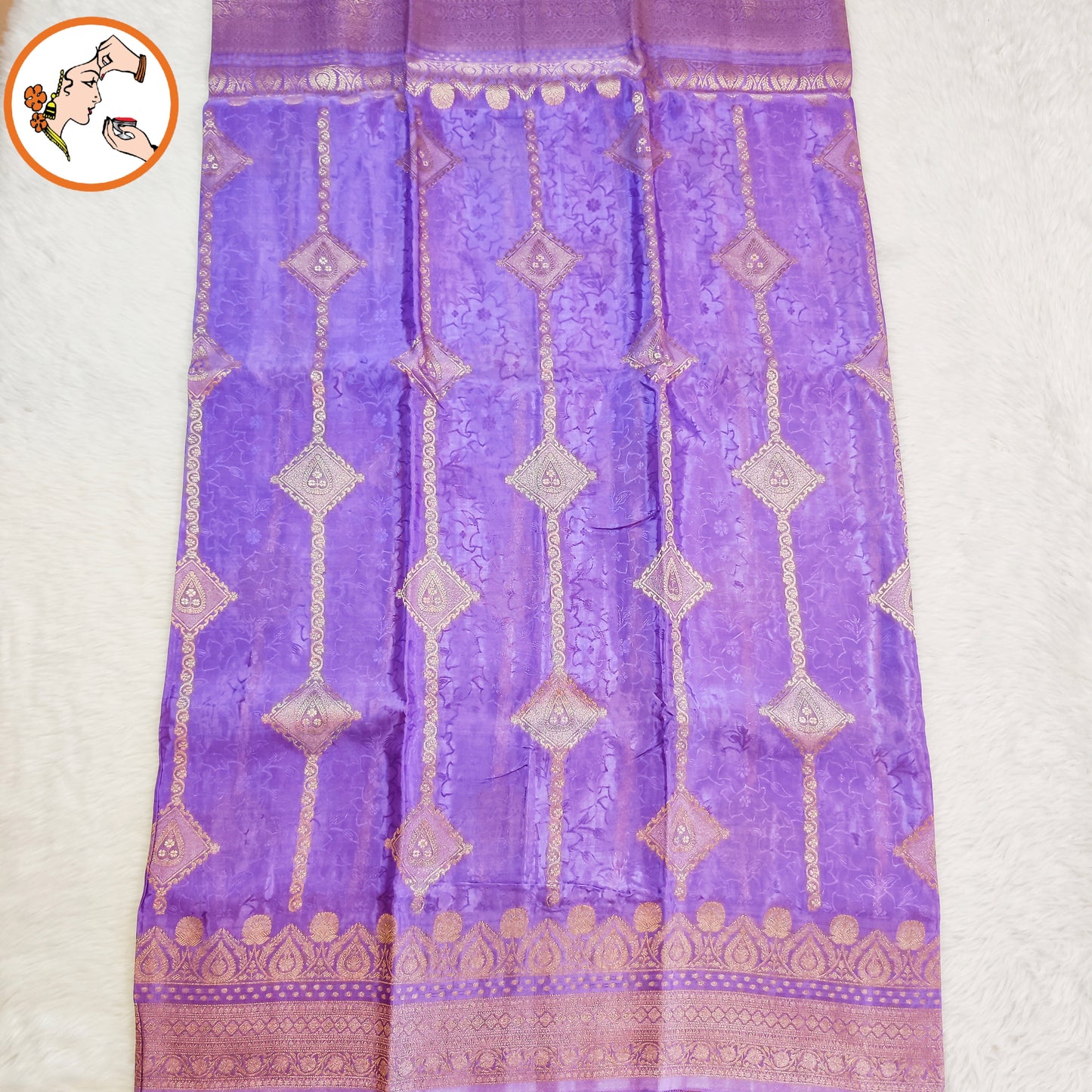 Lavender colour Antique Gold zari work Bridal Pure Russian Satin Silk Saree