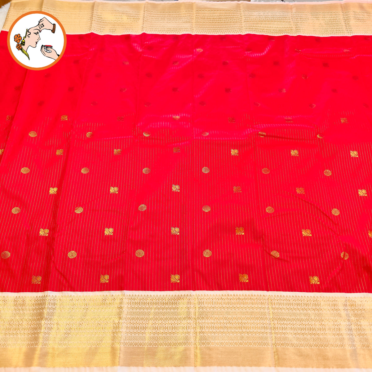 Red with Off white border golden zari vertical stripes & peacock motif Kanchipuram Semi Silk Saree