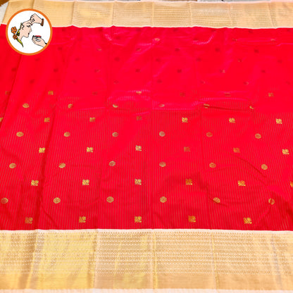 Red with Off white border golden zari vertical stripes & peacock motif Kanchipuram Semi Silk Saree