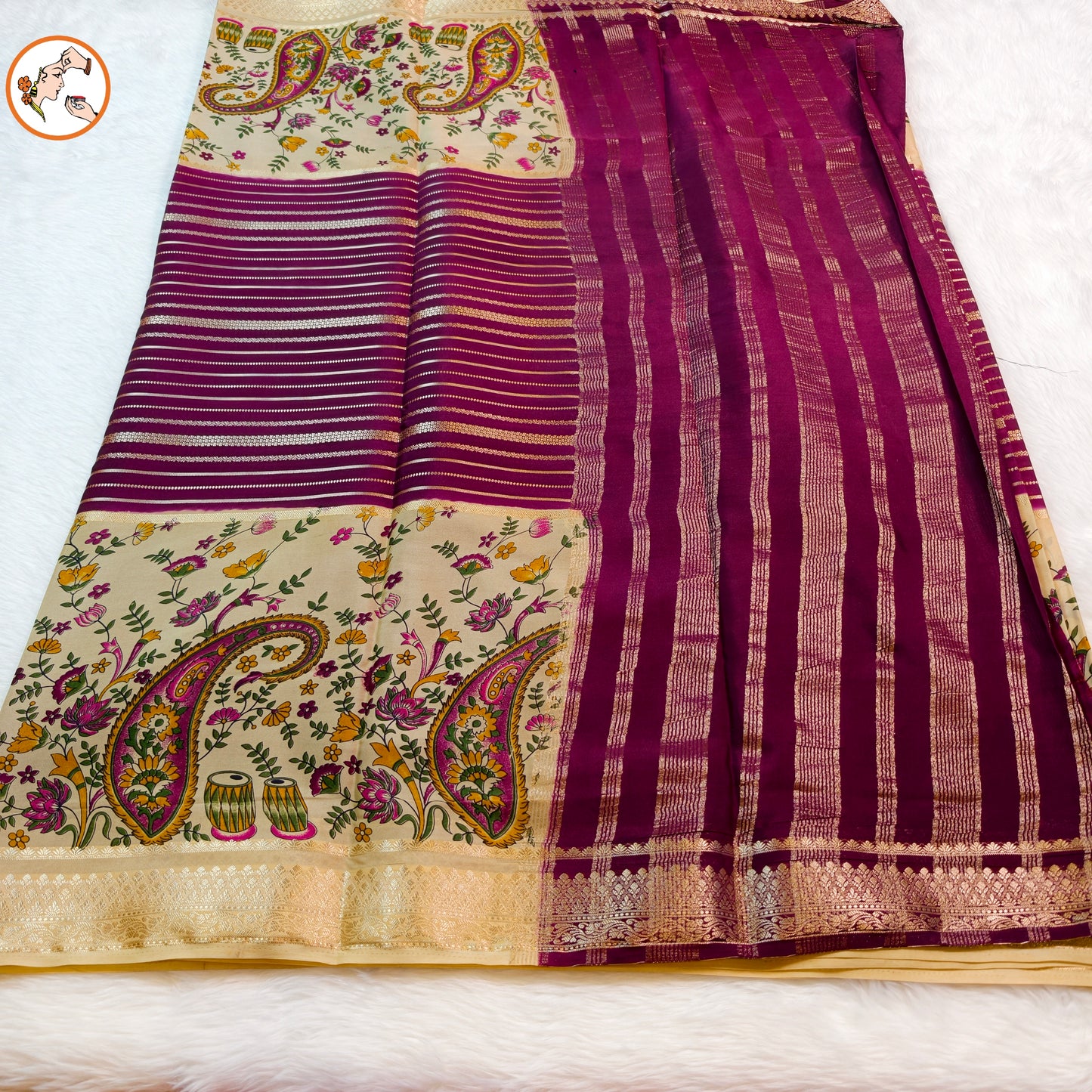 Cream & Purple designer semi Mysore Silk Saree