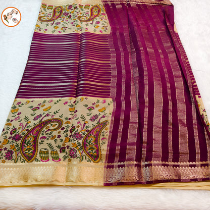 Cream & Purple designer semi Mysore Silk Saree