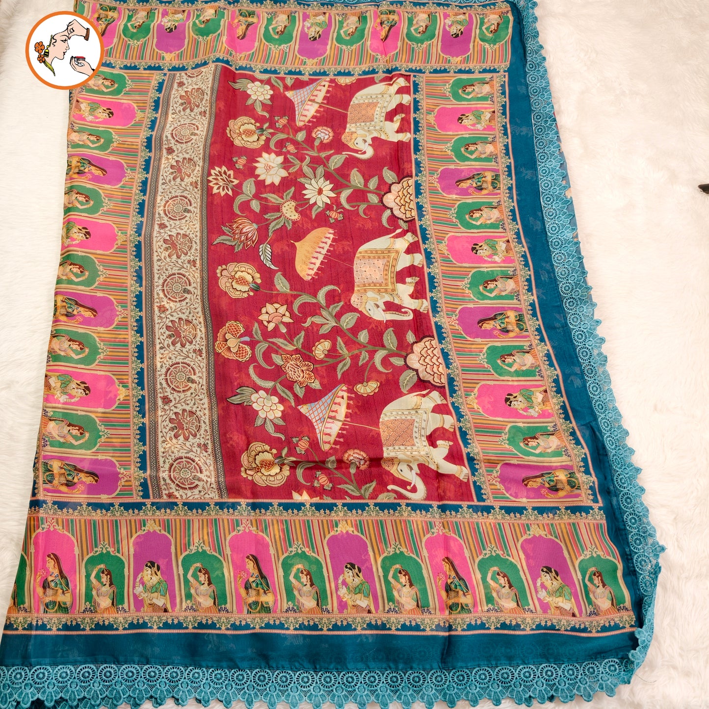 Maroon Rajput painting motif Georgette Saree with lace border