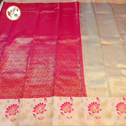 Pink with Off White Lotus border Fancy Semi Silk Saree