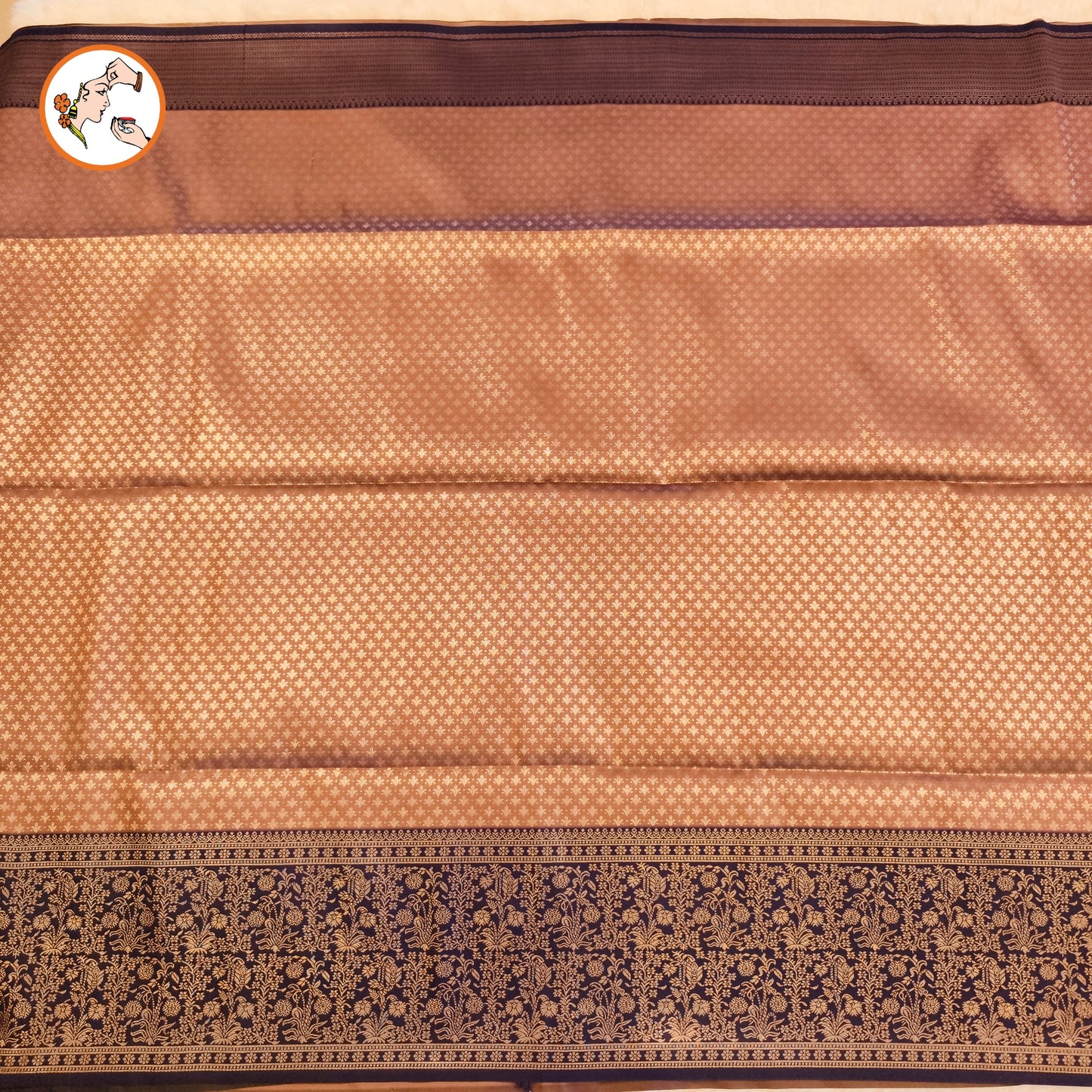 Metallic Brown with Dark Blue Fancy border Brocade Pattern Soft Silk Saree
