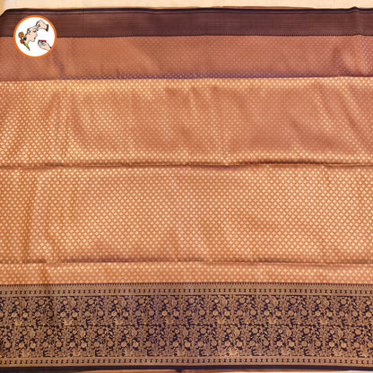 Metallic Brown with Dark Blue Fancy border Brocade Pattern Soft Silk Saree