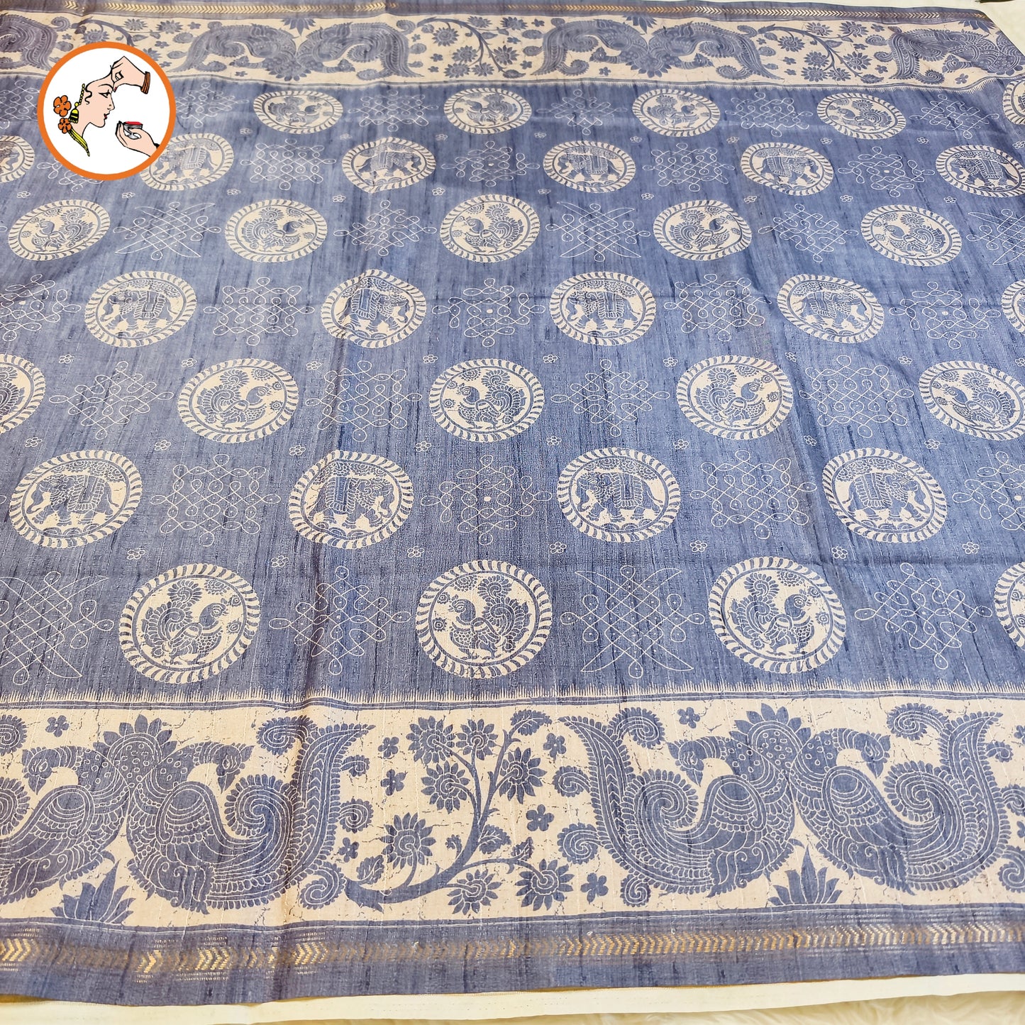Indigo Blue Kalamkari Tussar Silk Saree with Kolam & Elephant Peacock butta