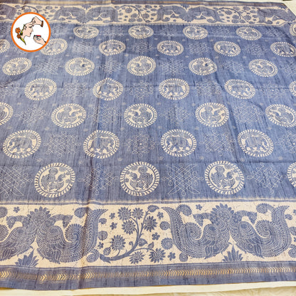 Indigo Blue Kalamkari Tussar Silk Saree with Kolam & Elephant Peacock butta