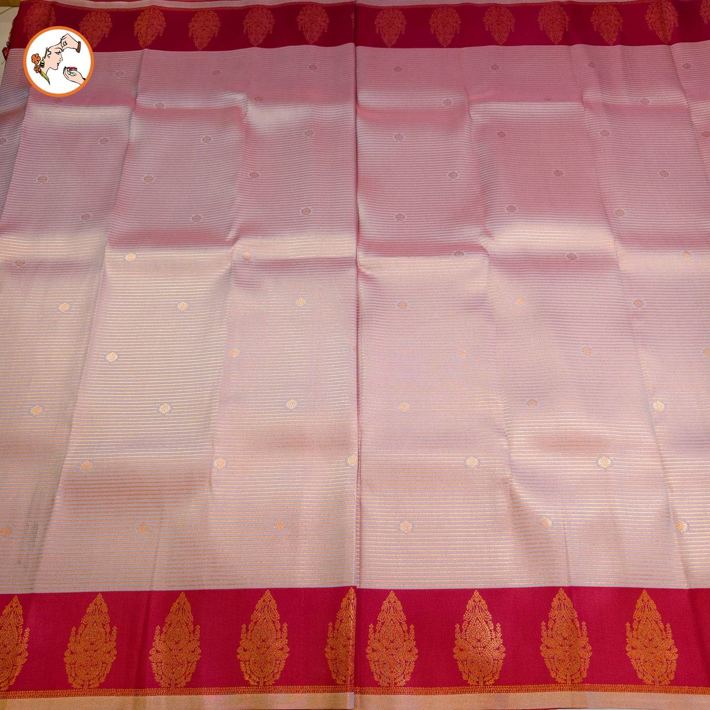 Light Pink & Red Semi Silk Saree with horizontal stripes & fancy border