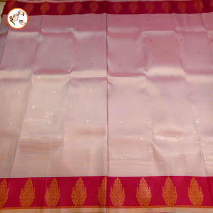 Light Pink & Red Semi Silk Saree with horizontal stripes & fancy border