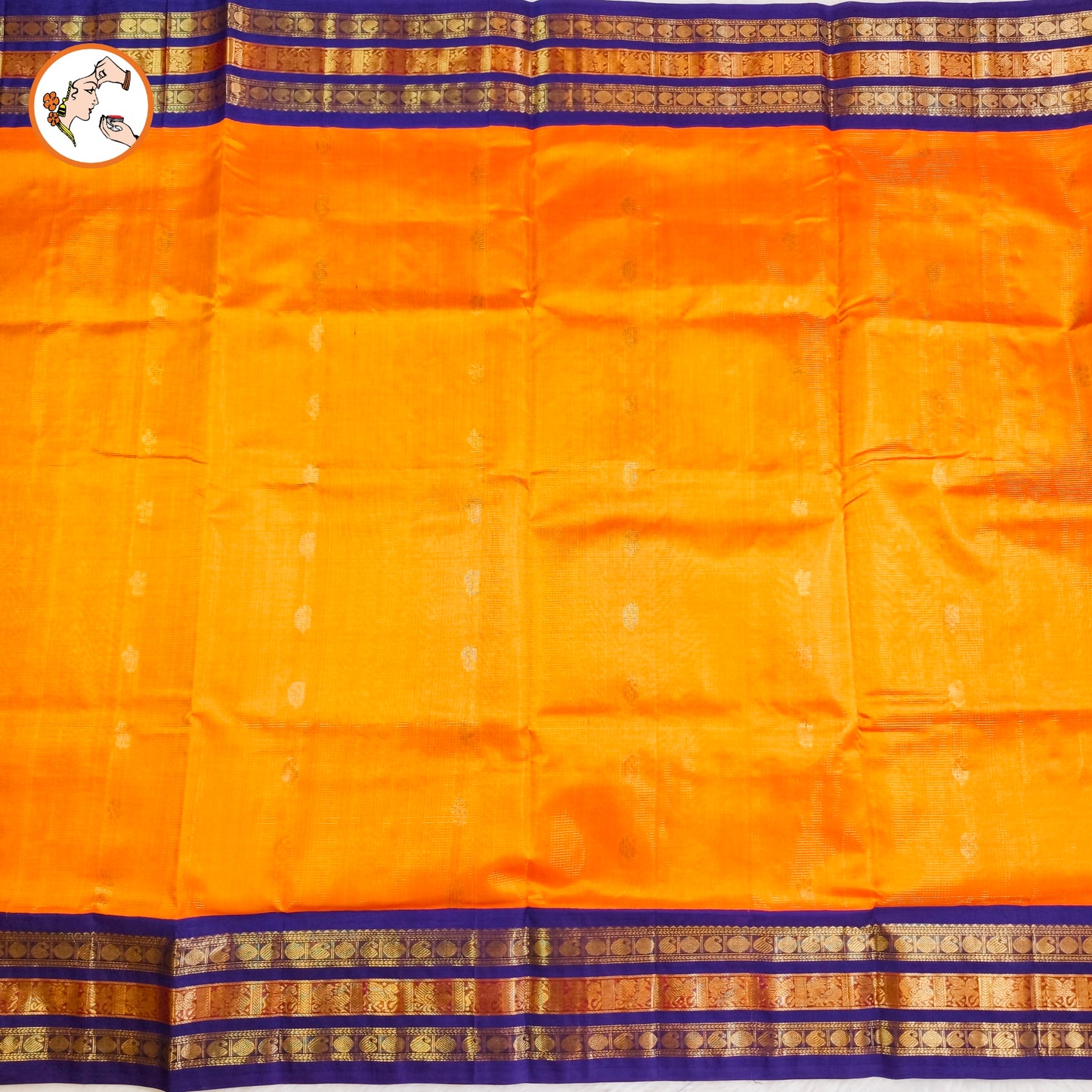 Orange with Blue Vairoosi lines Mango butta Pure Silk Cotton Saree