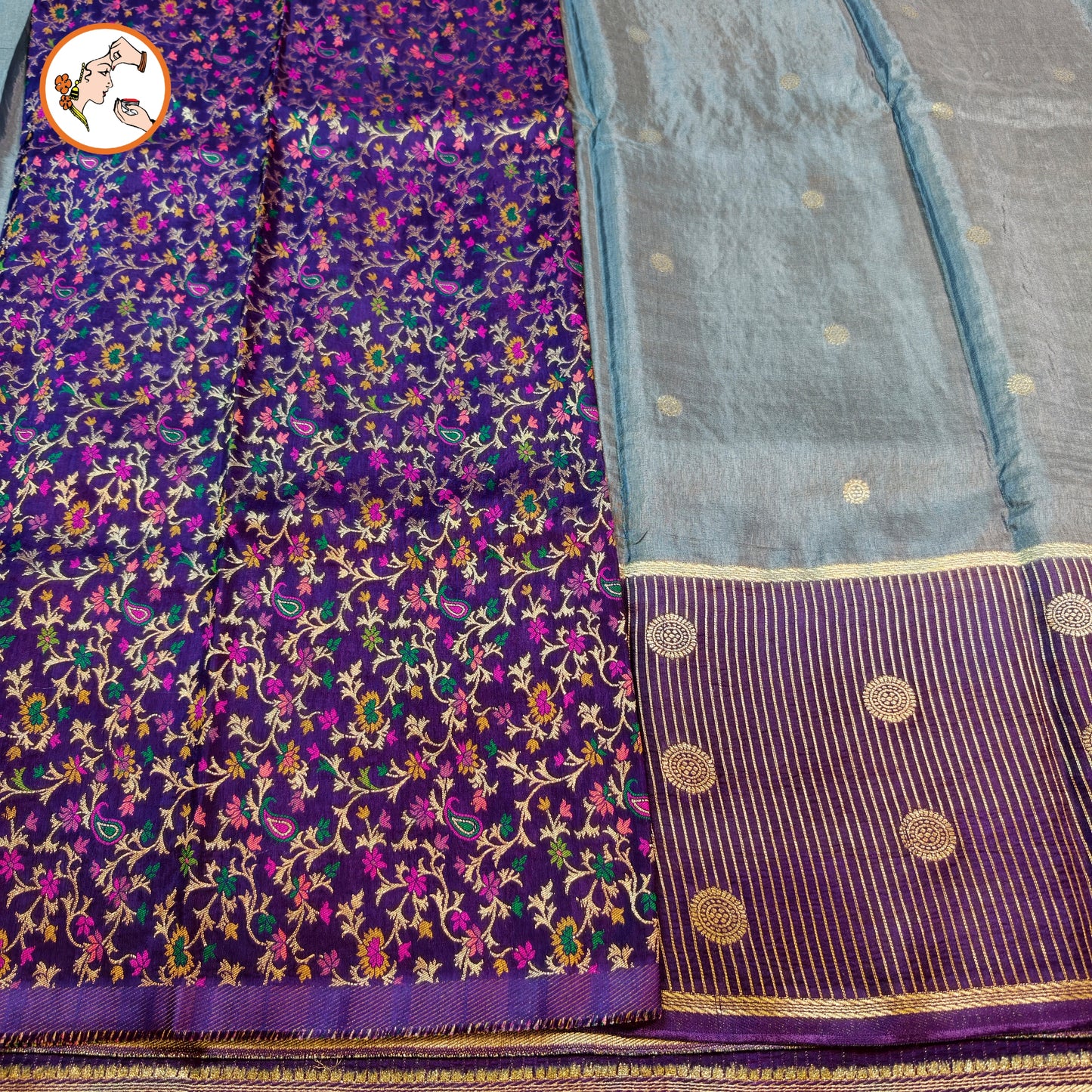 Grey Fancy Soft Silk Saree with Purple vertical stripes border