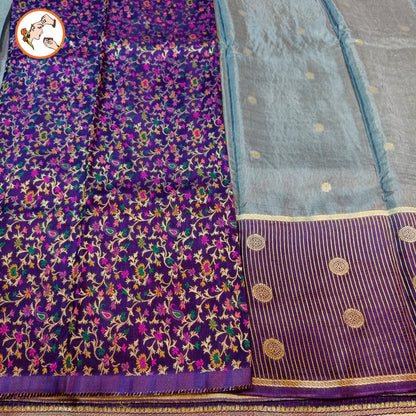 Grey Fancy Soft Silk Saree with Purple vertical stripes border