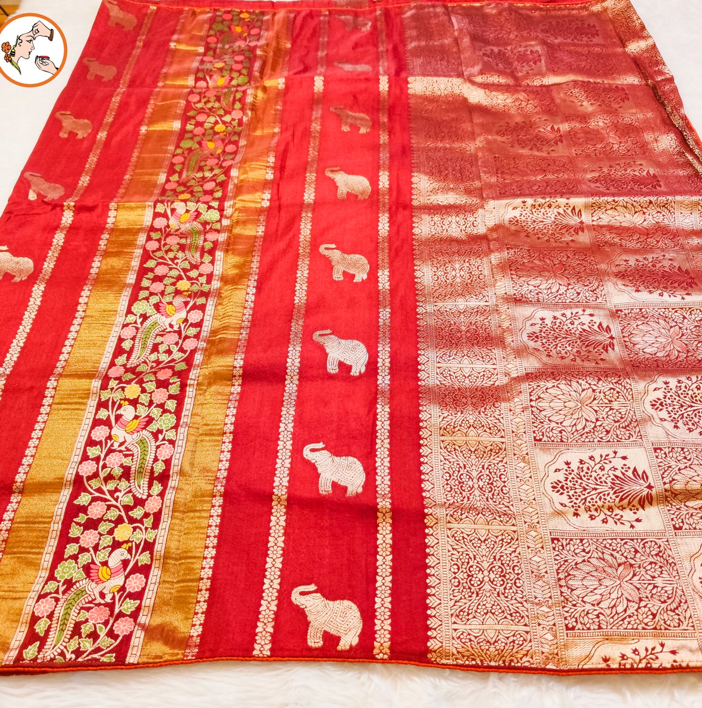 Rust brown elephant motif Peacock Meenakari work Fancy Silk Saree