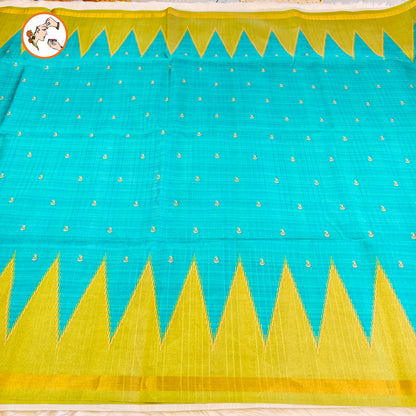 Sky Blue with Green Temple border Dola Silk Casual Saree