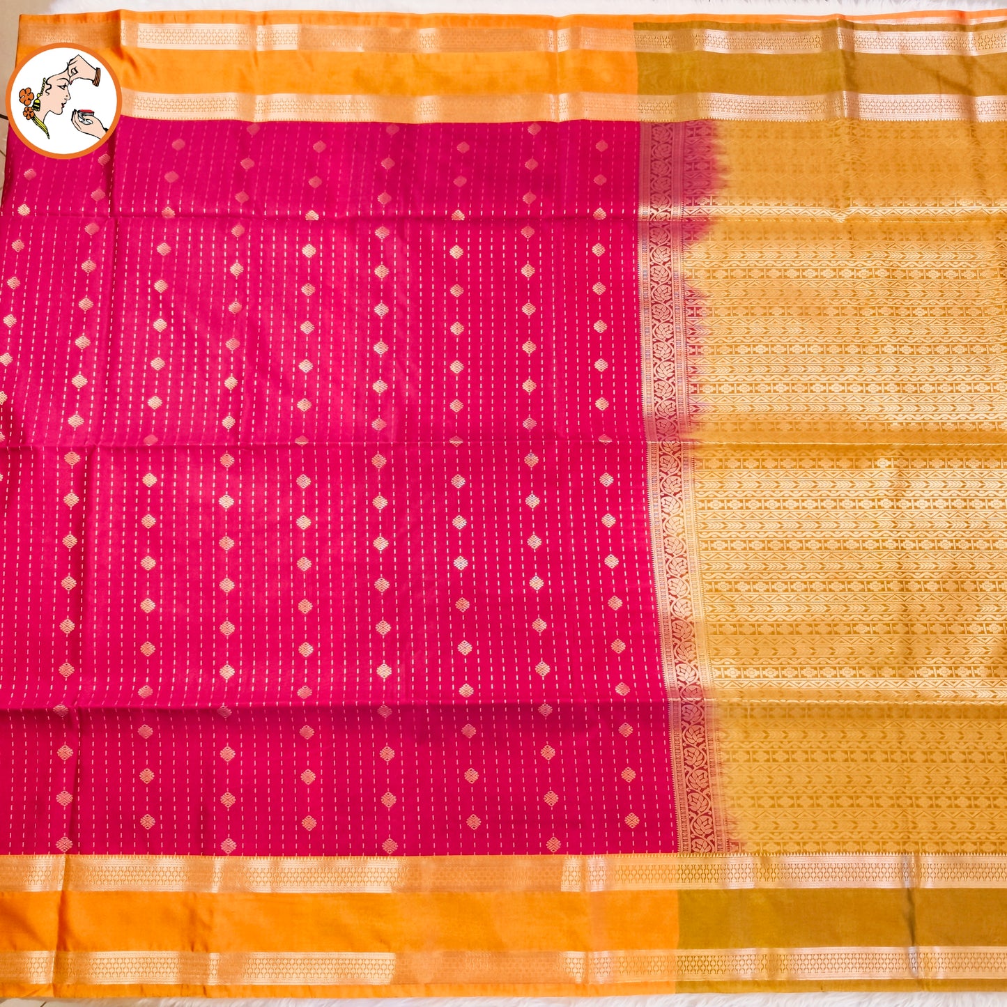 Dark Pink with Mustard Yellow Raindrop design Retta Petta border Semi Soft Silk Saree
