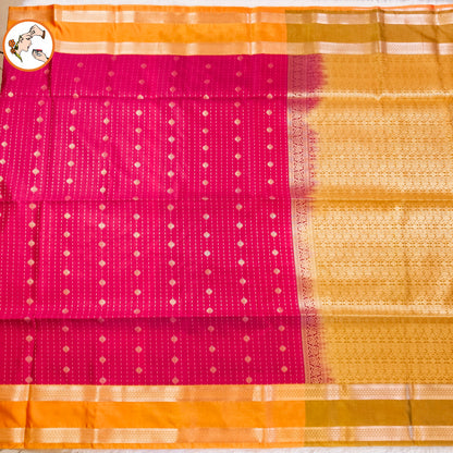 Dark Pink with Mustard Yellow Raindrop design Retta Petta border Semi Soft Silk Saree