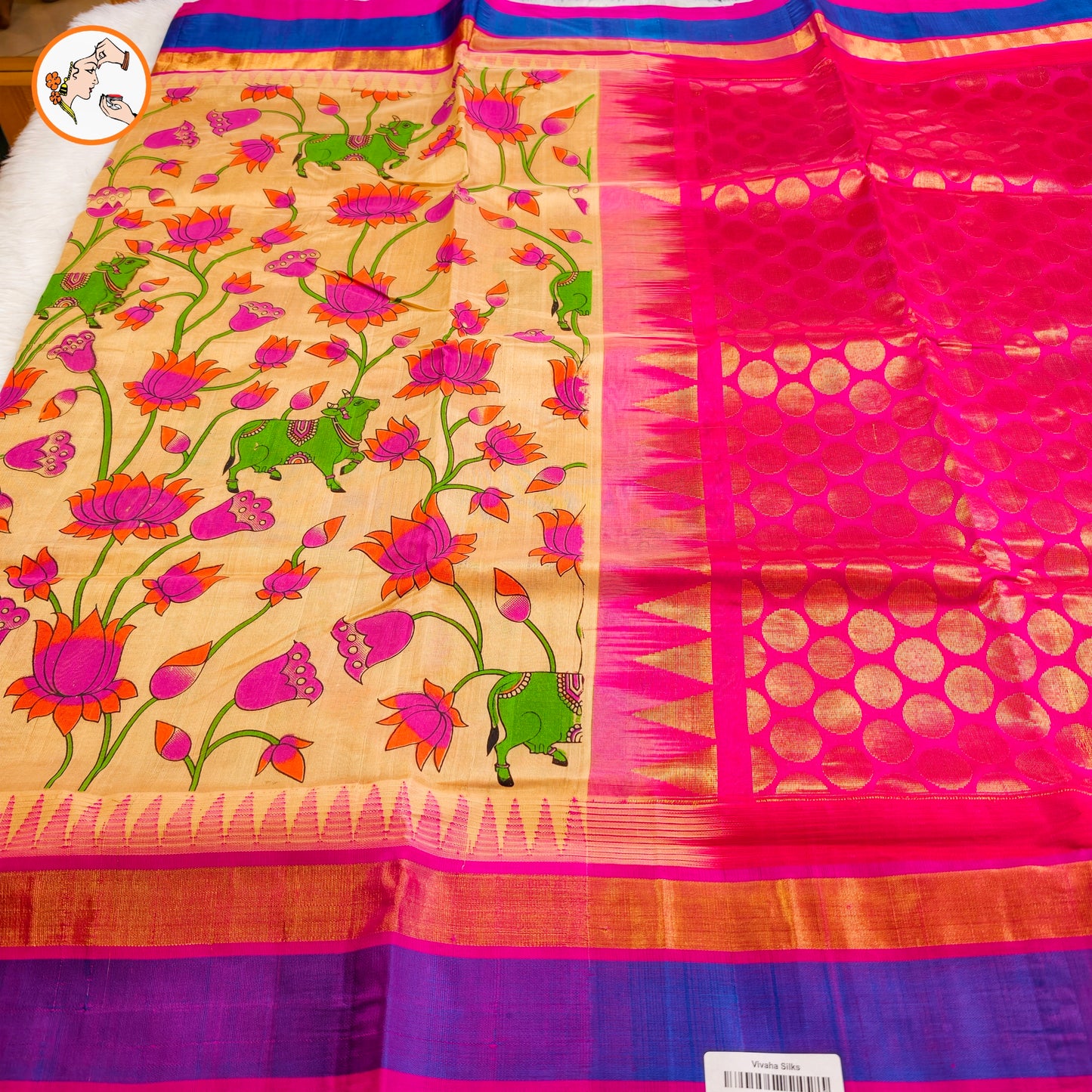 Light Orange with Rani Pink Pure Silk Cotton Saree with beautiful Kalamkari print