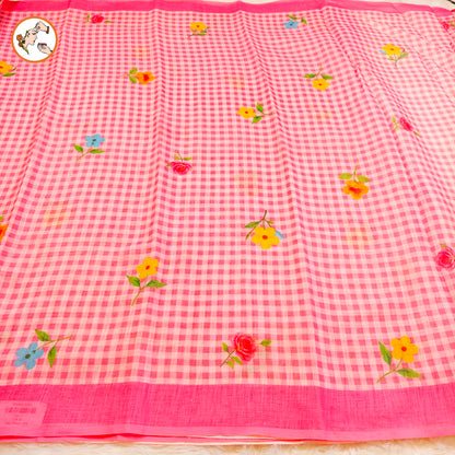 Pink checks pattern Linen Cotton Casual Saree