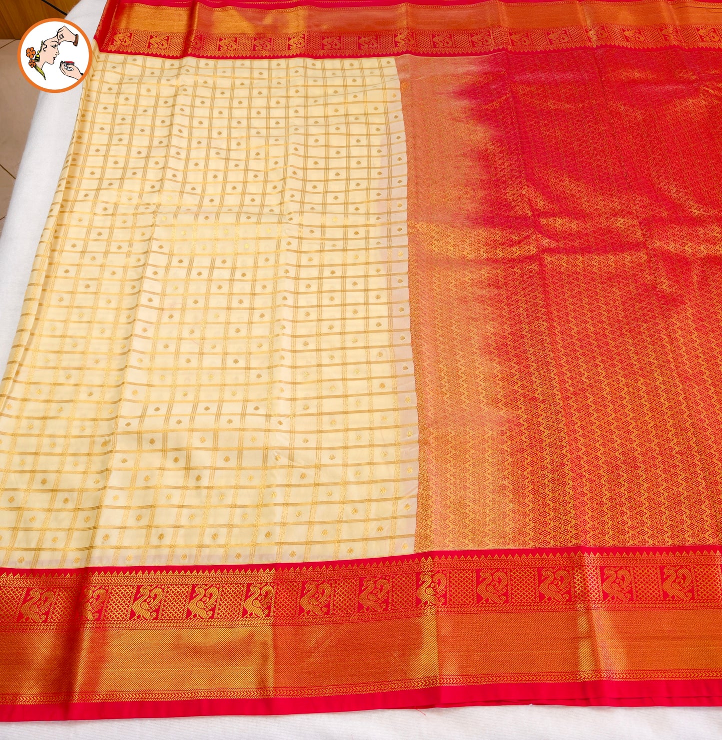 Off white Traditional checks Kanchipuram Semi Silk Saree with Red Peacock border