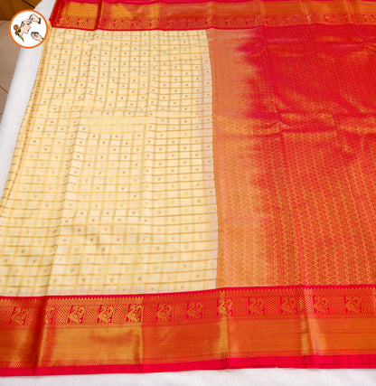 Off white Traditional checks Kanchipuram Semi Silk Saree with Red Peacock border