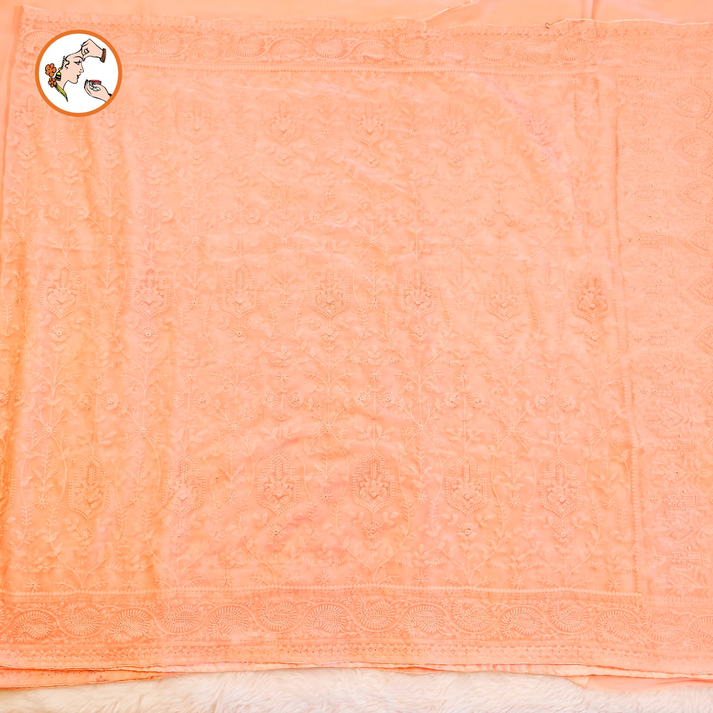 Peach Lucknowi Chikankari Embroidery Pure Chiffon Partywear Saree