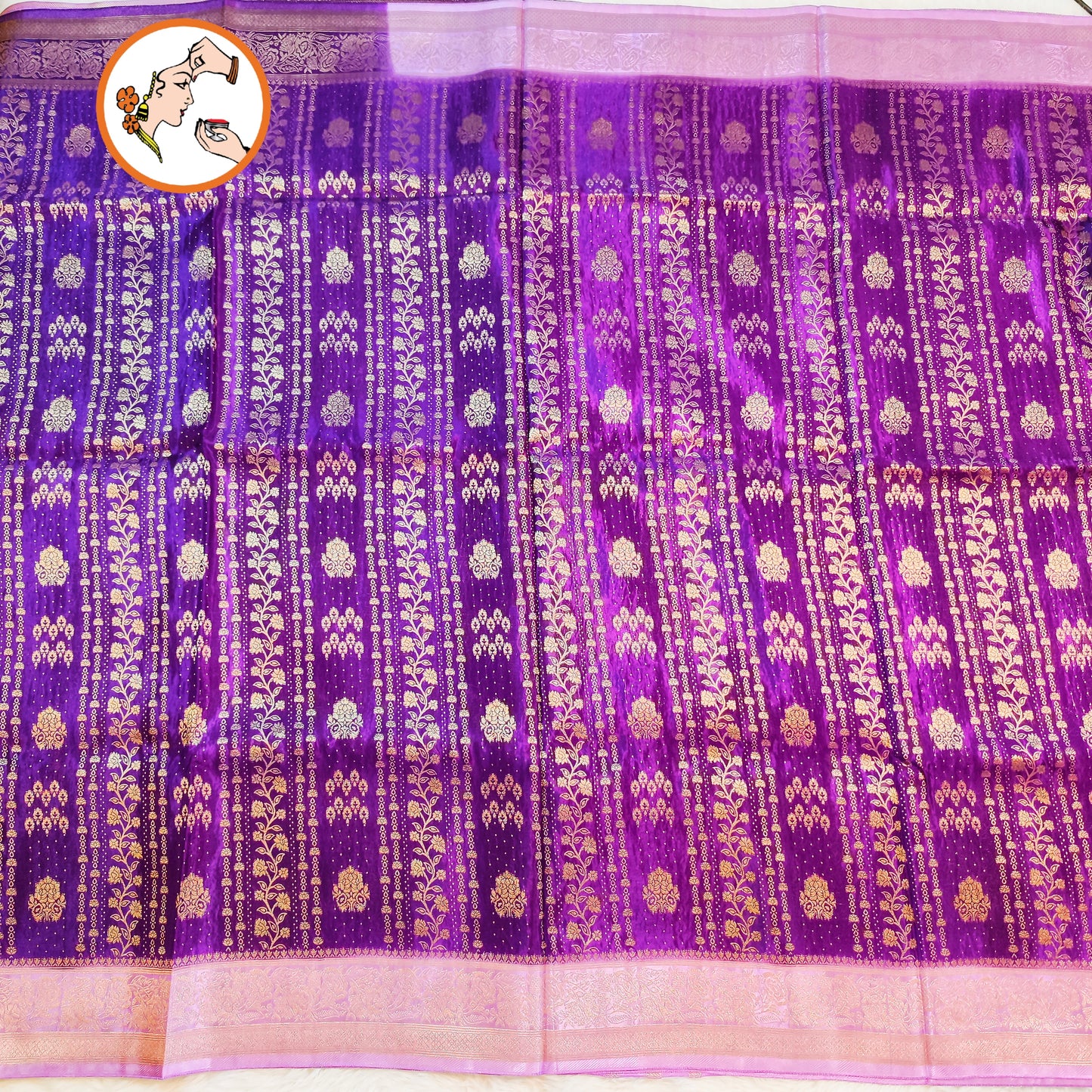 Purple with Baby Pink border Rich Gold zari work Georgette Silk Fancy Saree