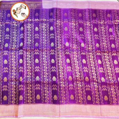 Purple with Baby Pink border Rich Gold zari work Georgette Silk Fancy Saree