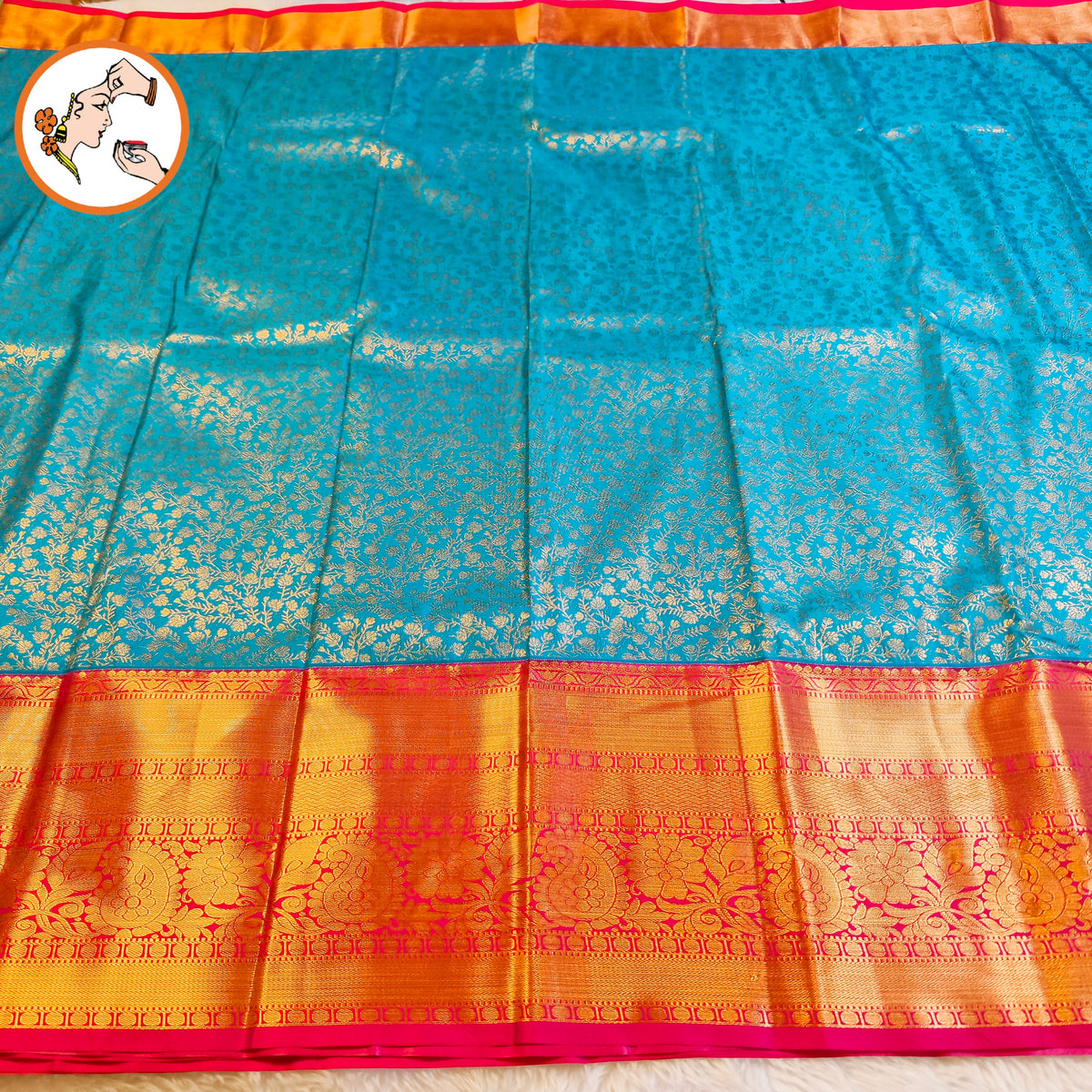 Peacock Blue & Dark Pink border with Gold zari work Traditional Kanchipuram Mix Silk Saree