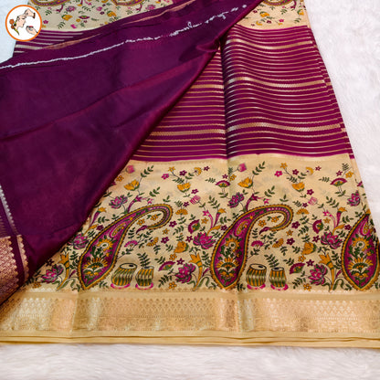 Cream & Purple designer semi Mysore Silk Saree